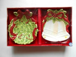 Set of 2 CIB Hand Painted Ceramic Candy Dishes, Wreath &amp; Bells - £13.41 GBP