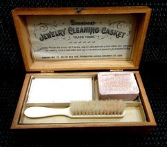 antique DENNISON CASKET JEWELRY CLEANING WOOD BOX+CONTENTS +ORIG LABEL e... - $123.70