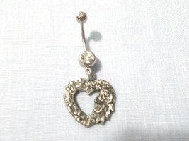 Heart with Rose Flowers Engraved Leaves on 14g Clear CZ Belly Ring Barbell - £7.98 GBP