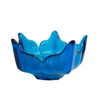 Viking Glass Textured 6 inch Epic Blue Stockholm Lotus 5 Petal Bowl Vint... - $59.23