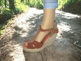 Kanna Anthropologie Suede Leather Pumpkin/Tan Espadrille Platform Wedge Sandal - £40.98 GBP