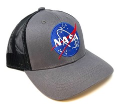 Nasa 3D Embroidered Logo Grey Black Mesh Trucker Snapback Hat Cap Curved Bill - £9.07 GBP