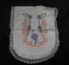 Vintage Dresser Scarf Table Runner Embroidery Cross Stitch Red Purple Flowers - £11.35 GBP