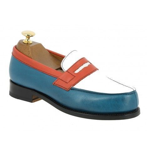 Men Leather Blue White Tan multi color slip ons Genuine Leather shoes US 7-16