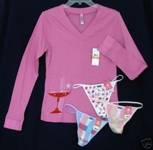 HUE sz S Pajama Sleep Top teeshirt 3 G-String Thong pink Panties S new 4... - $24.00