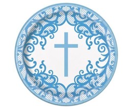 Fancy Blue Cross 8 Ct 7&quot; Dessert Cake Plates Baptism Confirmation Church - £3.15 GBP