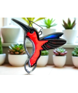 Vtg  2.5&quot; Stained Glass Hummingbird Sun Catcher Ornament Leaded Blue Red... - $17.96 CAD