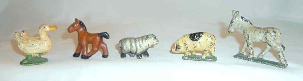 Primary image for Lot Five Antique Painted Cast Iron Miniature Farm Animals Paperweights or Toys