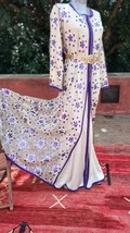 Moroccan Ivory and Purple Tulle wedding kaftan dress with Belt, Bride Ca... - $450.99
