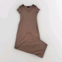 See You Monday Ribbed Bodycon Dress Sz L Brown Stretch V-Neck Midi READ - $10.87