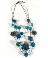Necklace Multi-strand Blue Glass Metal Filigree Plastic Faceted Beads Sq... - $32.46 CAD