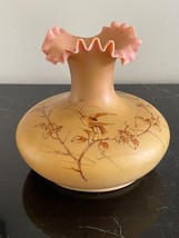 Old Ruffle Burmese Satin Glass Vase with Hand Painted Floral Bird Decoration - £315.69 GBP
