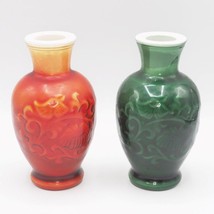 Paire De Mi Siècle Verre Vase Rouge &amp; Vert Motif Floral - £54.40 GBP