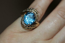 14K Yellow Gold  3.5ct Oval Blue Topaz Diamond accent Swirl Design Ring SZ 6.5 - £1,004.77 GBP