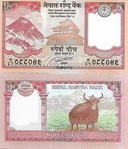Nepal P76, 5 Rupee, Mt Everest, temple, coin / yak, 2017, UNC, UV &amp; w/m ... - $0.99
