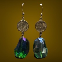green crystal antique copper look metal dangle earrings - £15.89 GBP