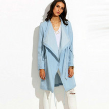 Women&#39;s Lightweight Chambray Open Front Drape Long-line Jacket in Blue A... - $39.99