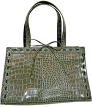 Liz Claiborne Shoulder Bag Green Embossed Leather Croc Print Box Tie Sna... - $26.60