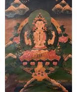 SIX ARMED AVALOKITESHVARA CHENREZIG OLD OIL-VARNISHED TIBETAN THANGKA PA... - €128,06 EUR