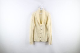 Vtg 40s 50s Mens Small Distressed Chunky Chain Link Knit Cardigan Sweater Cream - £77.83 GBP