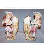 Pair of Vintage Ucagco Girl &amp; Boy Carrying Bag Over Shoulder Vases-6 1/2... - $28.50