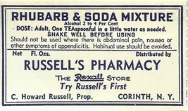 1 Pharmacy Label RHUBARB &amp; SODA MIXTURE Russell's Rexall Pharmacy Corint... - $23.91