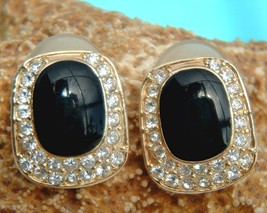 Vintage Signed Roman Earrings Rhinestones Black Glass Stone Pierced - £19.88 GBP