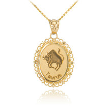 10k Solid Gold Taurus Zodiac Sign Filigree Oval Pendant Necklace - £123.17 GBP+