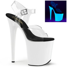 Pleaser FLAMINGO-808UV Sexy Clear/Neon White 8&quot; Heel Platform Ankle Strap Sandal - £52.71 GBP