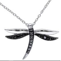 Natural Diamond Accents Dragonfly Pendant Necklace 14k White Gold Plated Silver - $140.24