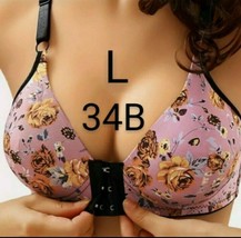 Pink Floral Push Up Front Closure Full Cup Wireless Cotton Seamless Bra Size L - £9.07 GBP