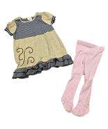 Hanna Andersson Baby Girl Dress and Tights Set Beige Blue Stripe Bird 70... - $34.86 CAD