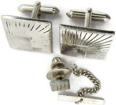 Signed Swank Silver Tone Vintage Cufflink Set w Matching Tie Tack Pin - £20.09 GBP