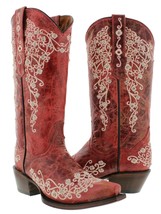Womens Western Cowboy Boots Red Leather Floral Embroidered Snip Toe Botas - £99.89 GBP