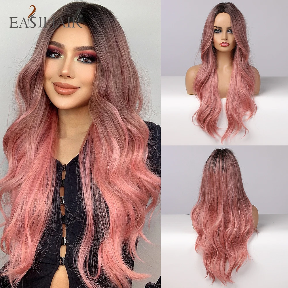 EASIHAIR Long Ombre Pink Synthetic Wigs for Women Middle Part Wavy Cosplay Wi - £10.73 GBP+