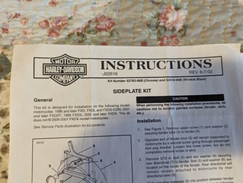HARLEY DAVIDSON INSTRUCTION SHEET Sideplate Kit. J02616. Kit #52783-96B ... - $3.95