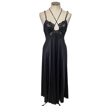 Vintage Miss Elaine Long Black Satin Lace Strappy Slip Dress Size Small - $46.53