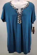 L) Dana Bachman Teal Studded Woman Blouse Embellished Neck XL - $14.84
