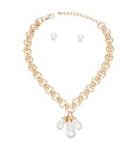 Triple Cream Pearl Teardrop Charm Pendant Round Link Gold Plated Necklace Set - £38.59 GBP