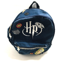 Harry Potter Blue Canvas Backpack Embroidered Patch Lightening Bolt Zipper Pulls - £26.47 GBP