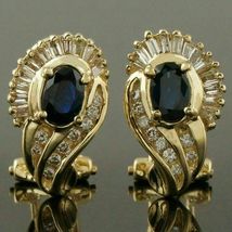 1.65CT Oval Cut Blue Sapphire &amp; Diamond Party Wear Earrings 14K Yellow Gold Over - £81.59 GBP