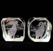 Pair Of Vintage 1975 RM Yates Art Glass Studio Etched Blocks Ram 4/100 A... - $42.04