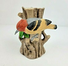 Vintage Bisque Ceramic Bird Vase Figurine Woodpecker on Tree Trunk Made in Korea - £14.36 GBP
