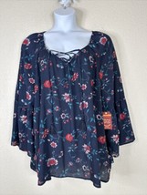 NWT Faded Glory Womens Plus Size 3X Blue Floral Tie Neck Blouse Bell Sleeve - £18.70 GBP