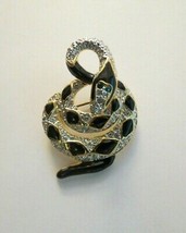 Rhinestone Coiled Snake Brooch Black Enamel Gold Tone 1.75&quot; Green Eyes V... - $24.99