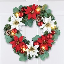 LED Lighted Red &amp; White Poinsettia with Pinecones &amp; Ornaments Christmas ... - £18.00 GBP