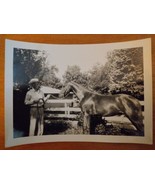 Vintage Black and White Photo Farmer Cowboy with Horse at Fence - £10.11 GBP
