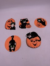 Set of 5 Vintage Die Cut Paper Halloween Decorations Felt Black Cat with... - £22.98 GBP