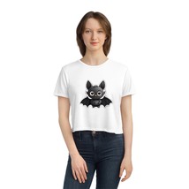 Cute Women&#39;s Flowy Cropped Tee: Black Bat Cartoon Print - £32.50 GBP+