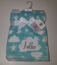 NEW Hello Baby Gear Blue White Clouds Stars Fleece Baby Blanket Sky Lovey Gift - £22.11 GBP